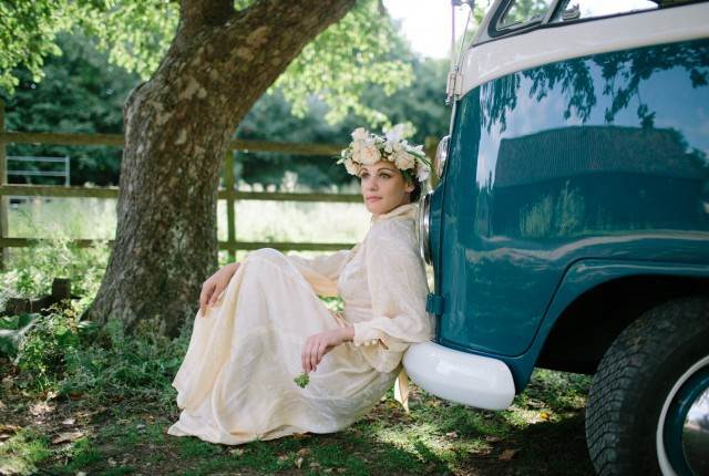 1970s vintage wedding dress and VW camper vanby the National Vintage Wedding Fair