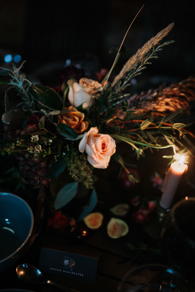 Boho Woodland Wedding with Black Wedding Cake and Autumnal Flowers