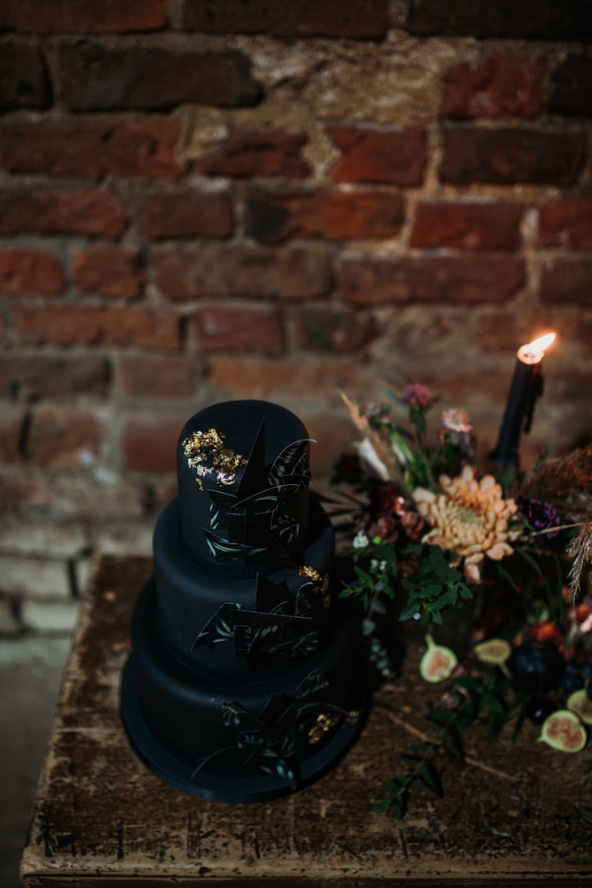 Boho Woodland Wedding with Black Wedding Cake and Autumnal Flowers