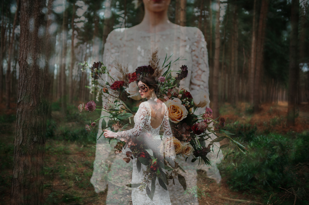 Boho Woodland Wedding with Black Wedding Cake and Autumnal Flowers