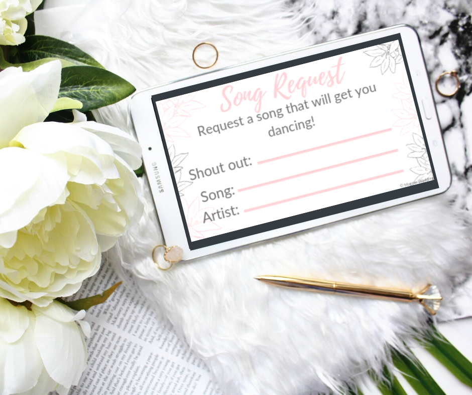 Magpie Wedding's new printable, song request cards in the pink and grey floral style.