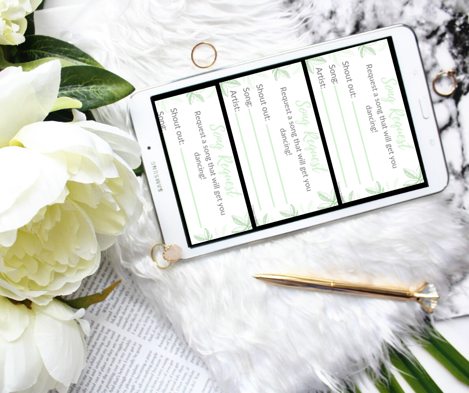 Magpie wedding's sage green leafy styled song request card being viewed on a tablet