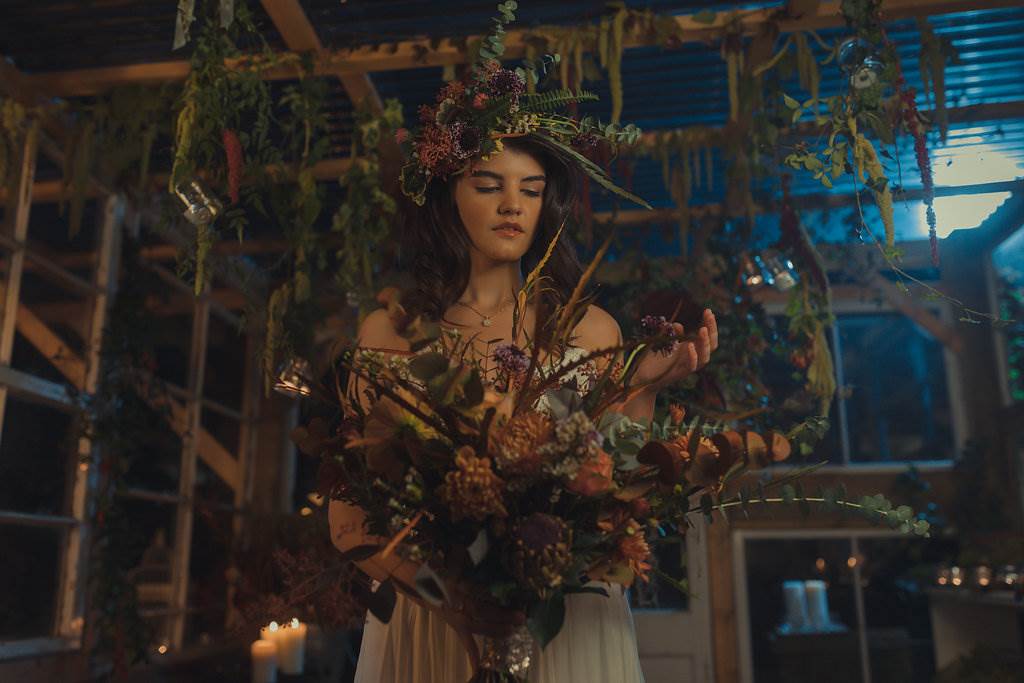 An autumnal Secret Garden Wedding Styled Shoot in an upcycled green house