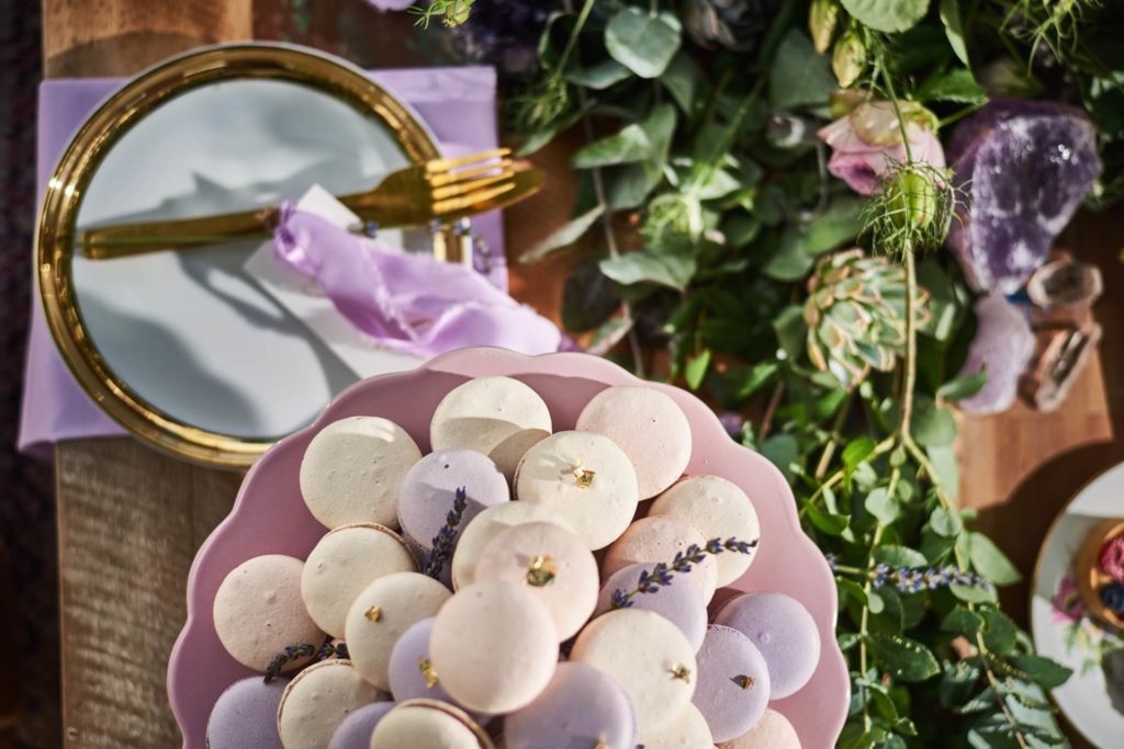 Luxe lilac metallic wedding styling in a lavender field
