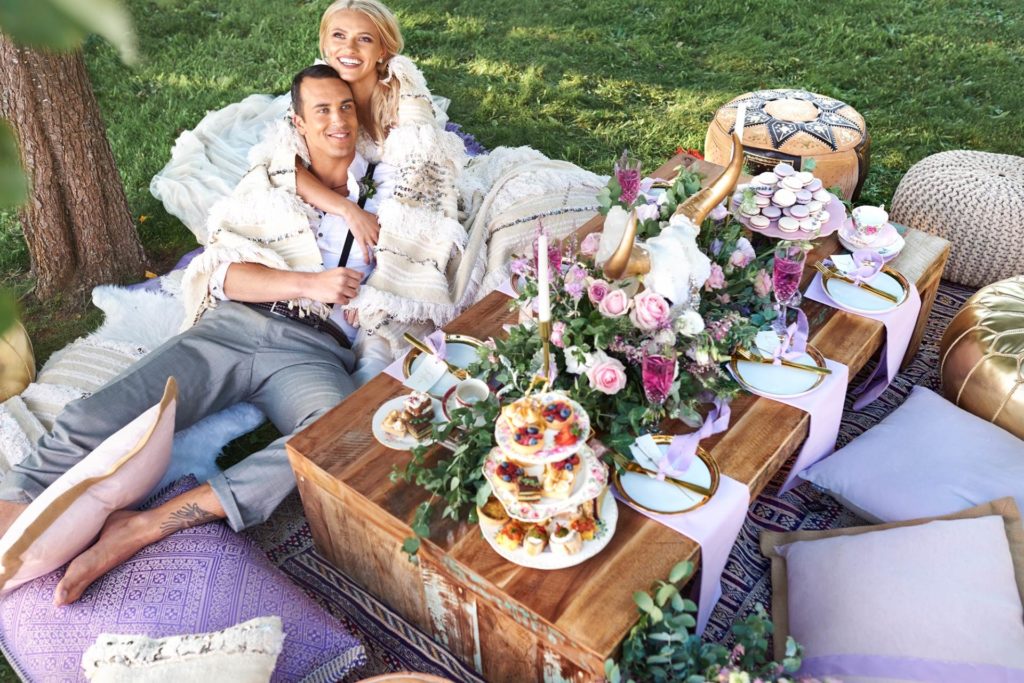 Luxe lilac metallic wedding styling in a lavender field