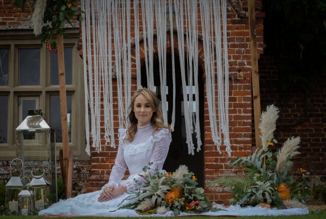 Rustic Vintage Wedding with 1980's Dress Wedding Dress and Orange Flowers