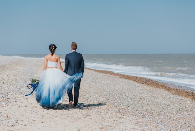Boho Beach Wedding with Ombre Dress and Blue Wedding Cake