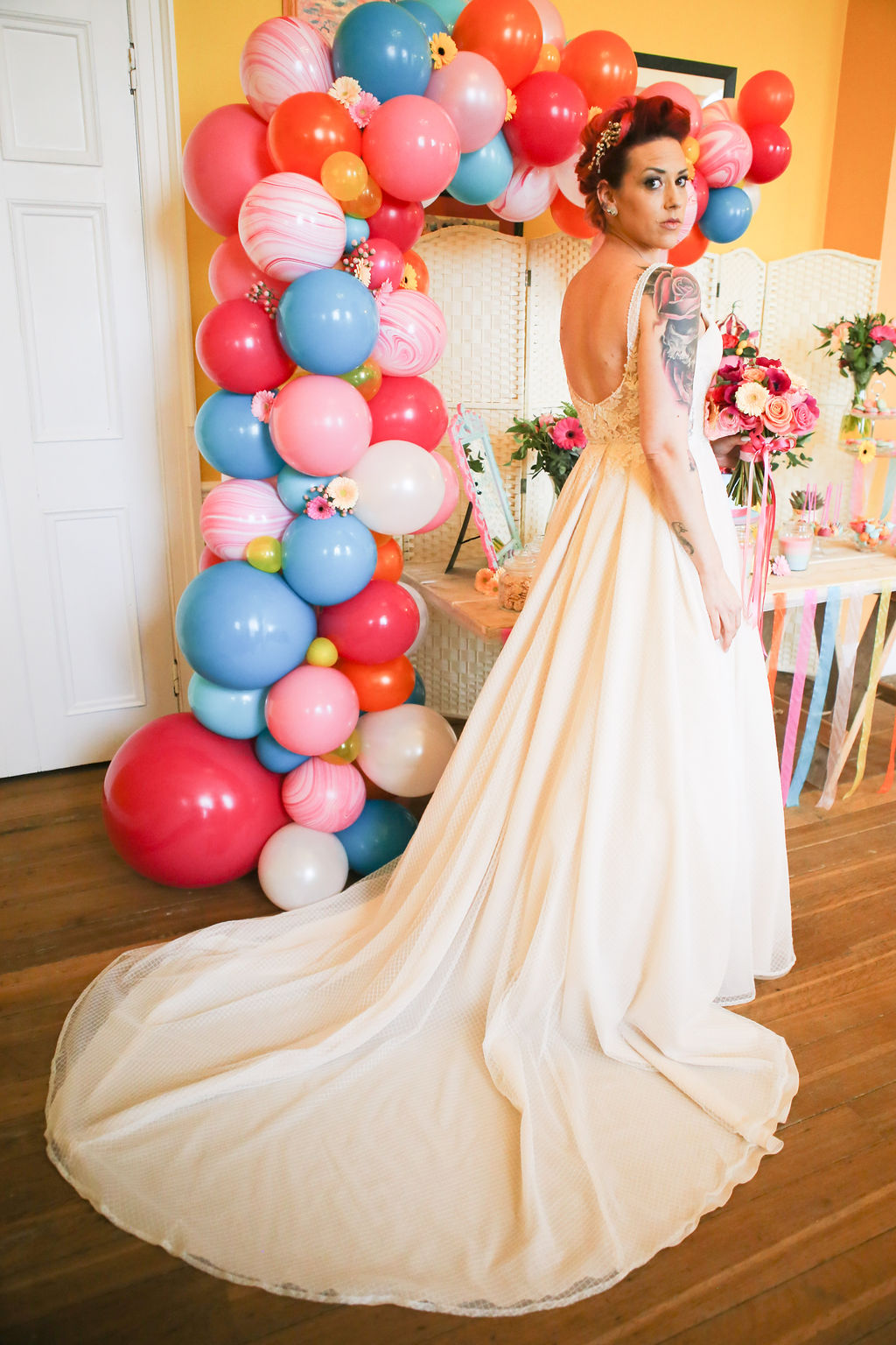 Rainbow Wedding Inspiration with Epic Balloon Trees and Hot Air Balloon 