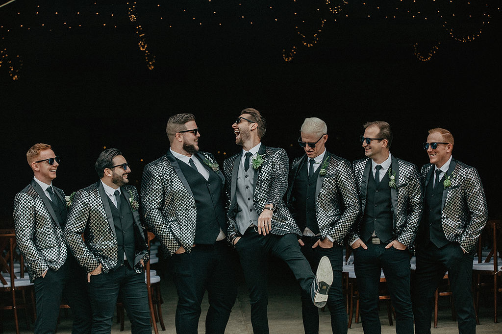 Rustic Barn Wedding with Disco Suits and Cool Urban Vibes