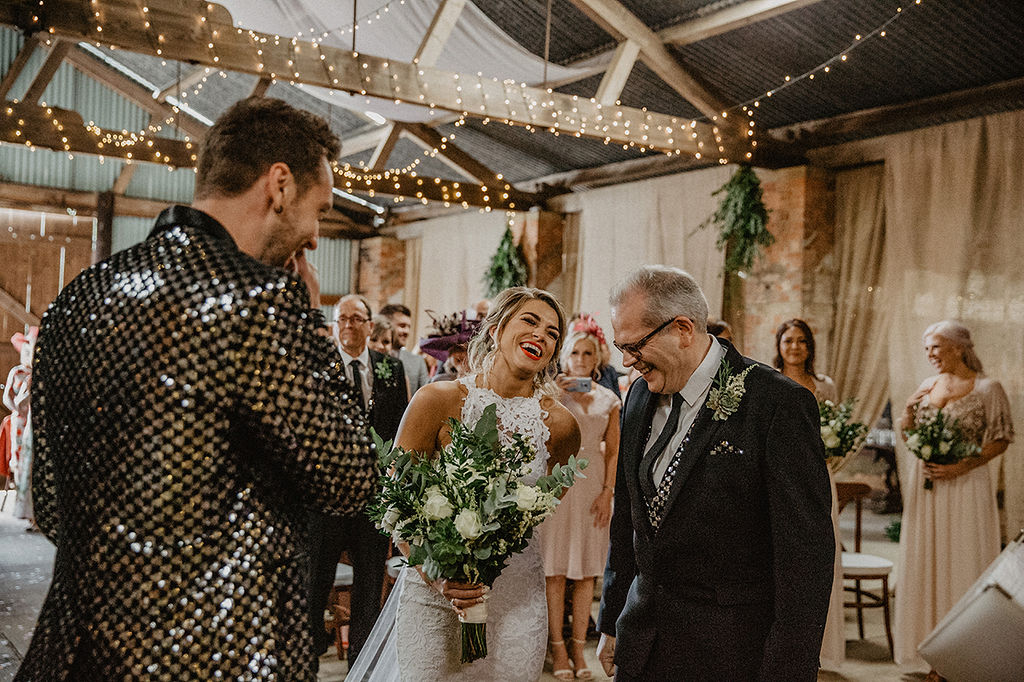 Rustic Barn Wedding with Disco Suits and Cool Urban Vibes