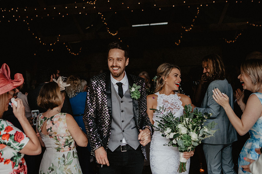 Rustic Barn Wedding with Disco Suits and Cool Urban Vibes