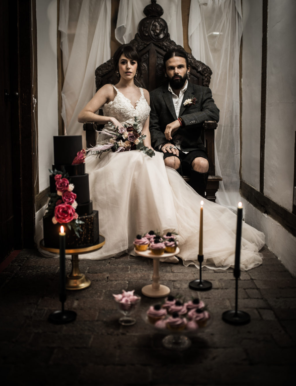 Classic Rock Wedding with Black Wedding Cake and Alternative Groom Style