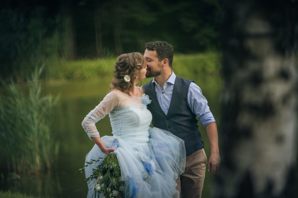 Rustic Outdoor Wedding With Blue Tulle Wedding Dress and a Labrador