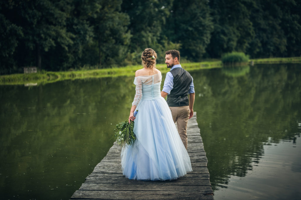 Rustic Outdoor Wedding With Blue Tulle Wedding Dress and a Labrador