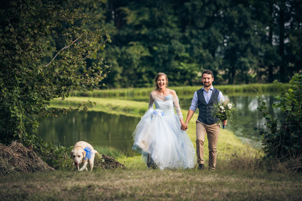 Rustic Outdoor Wedding With Blue Tulle Wedding Dress and a Labrador