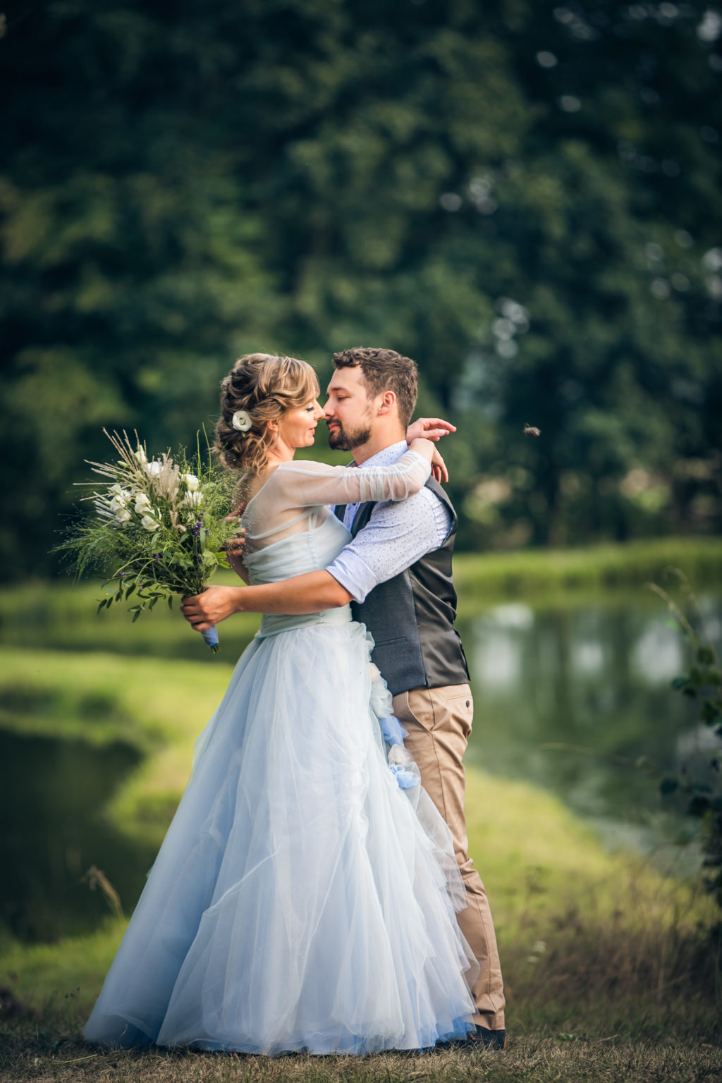 Rustic Outdoor Wedding With Blue Tulle Wedding Dress and a Labrador