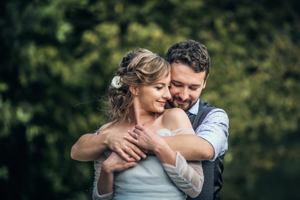 Rustic Outdoor Wedding With Blue Tulle Wedding Dress and a Labrador