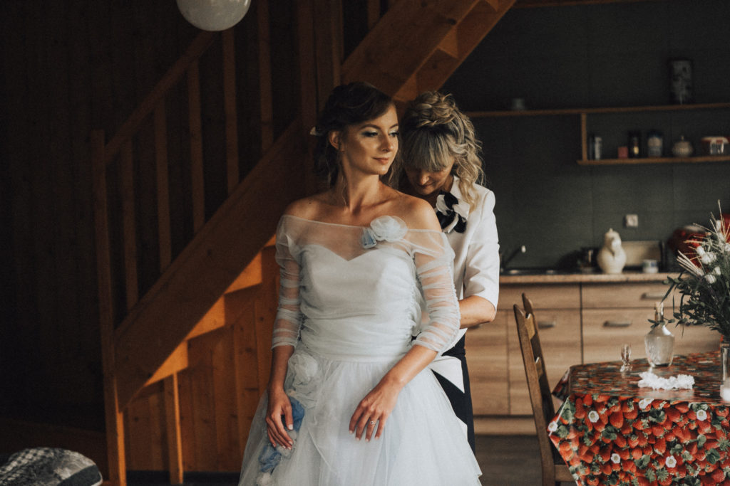 Rustic Outdoor Wedding With Blue Tulle Wedding Dress and a Labrador