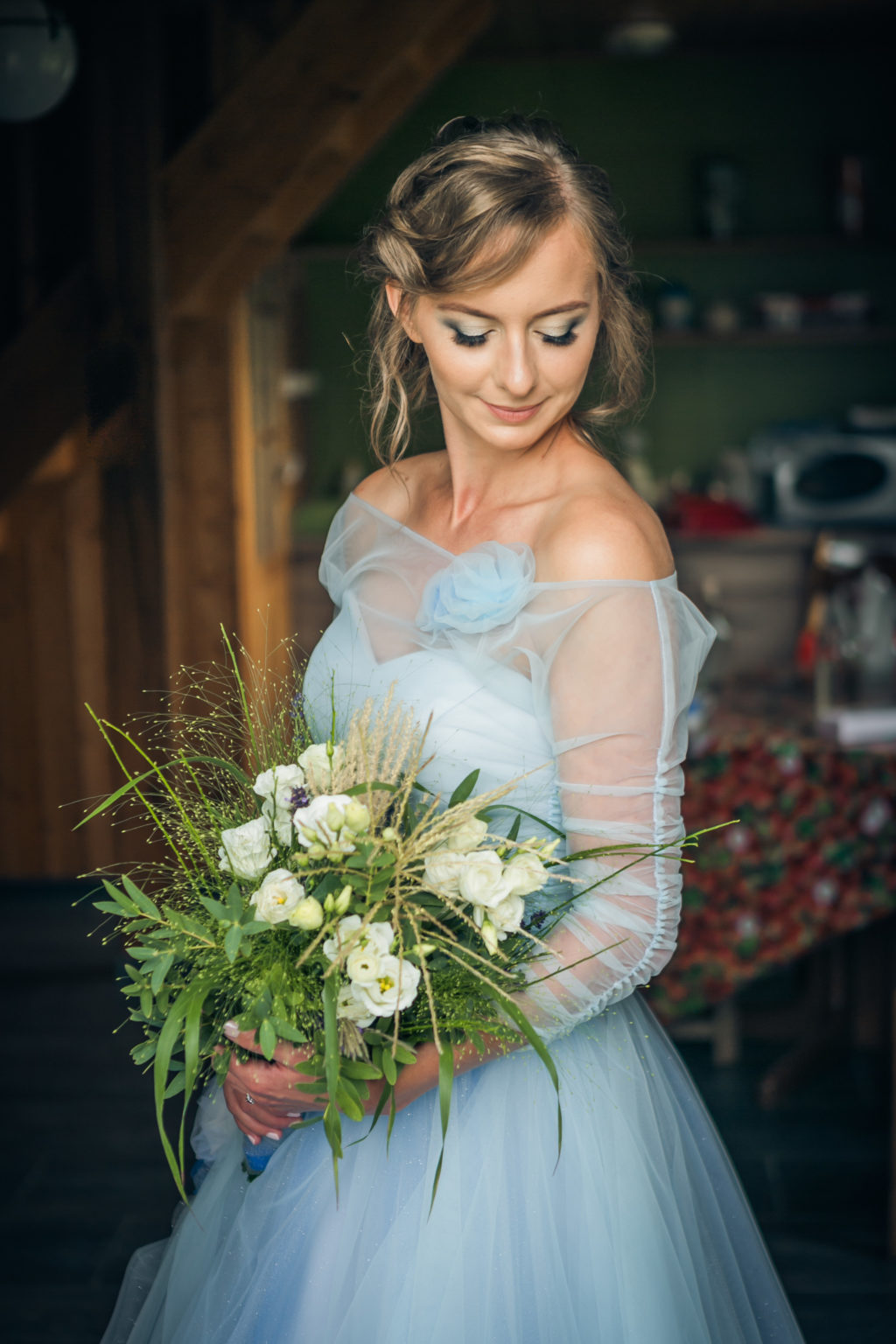 Rustic Outdoor Wedding With Blue Tulle Wedding Dress and a Labrador