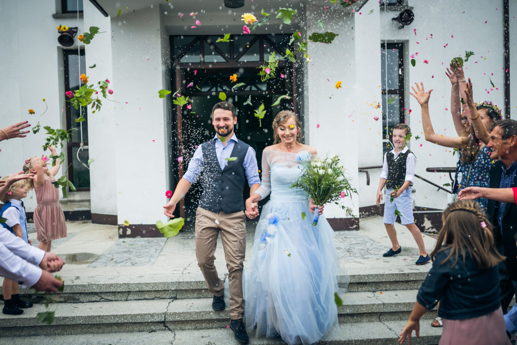 Rustic Outdoor Wedding With Blue Tulle Wedding Dress and a Labrador