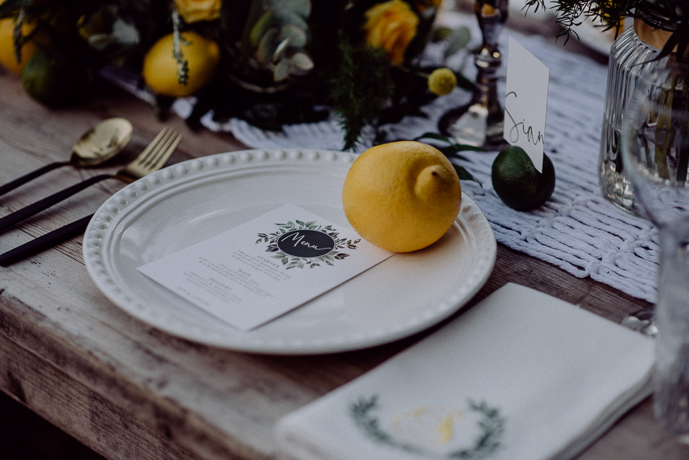 Lemon Yellow Wedding With Tattooed Bride and Black Wedding Cake