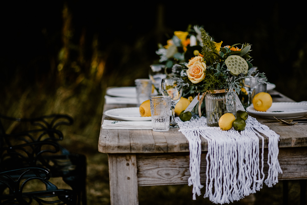 Lemon Yellow Wedding With Tattooed Bride and Black Wedding Cake