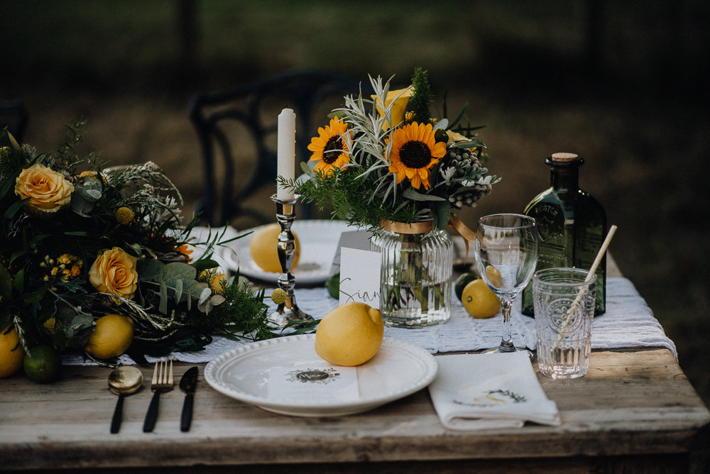 Lemon Yellow Wedding With Tattooed Bride and Black Wedding Cake