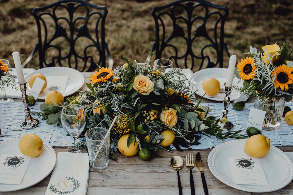 Lemon Yellow Wedding With Tattooed Bride and Black Wedding Cake