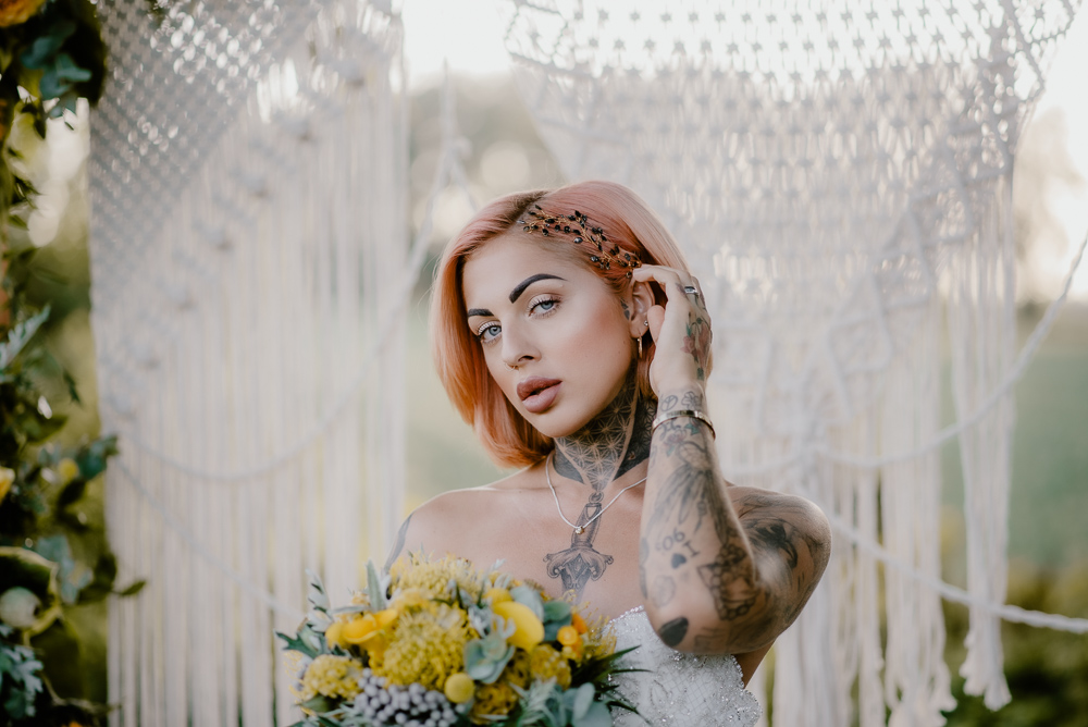 Lemon Yellow Wedding With Tattooed Bride and Black Wedding Cake