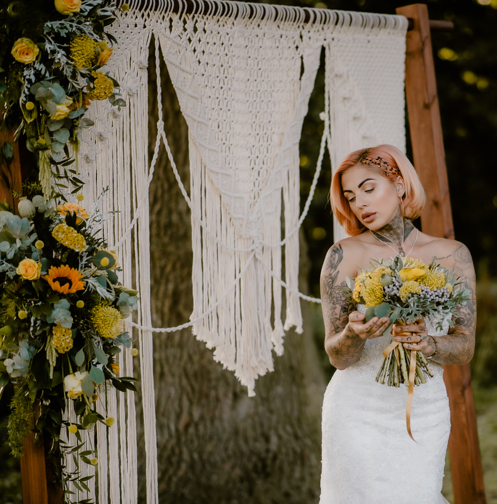 Lemon Yellow Wedding With Tattooed Bride and Black Wedding Cake