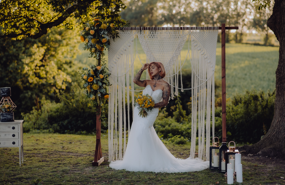 Lemon Yellow Wedding With Tattooed Bride and Black Wedding Cake