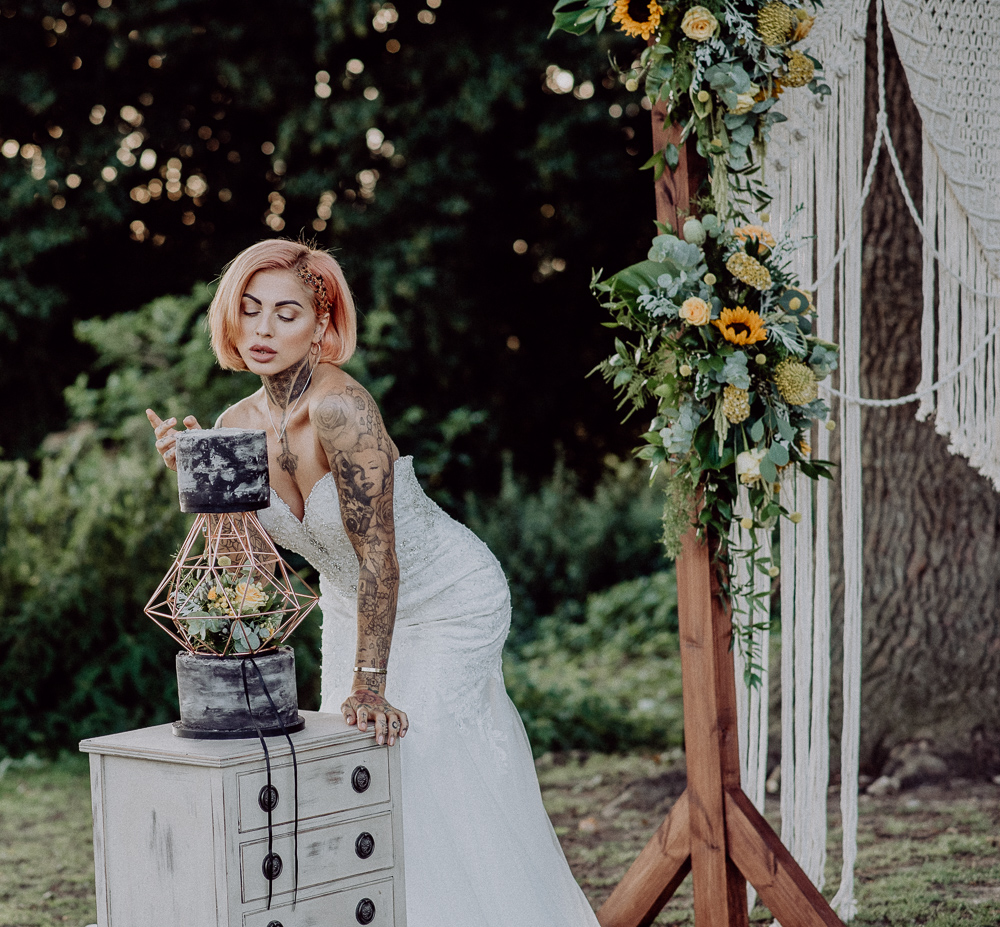 Lemon Yellow Wedding With Tattooed Bride and Black Wedding Cake