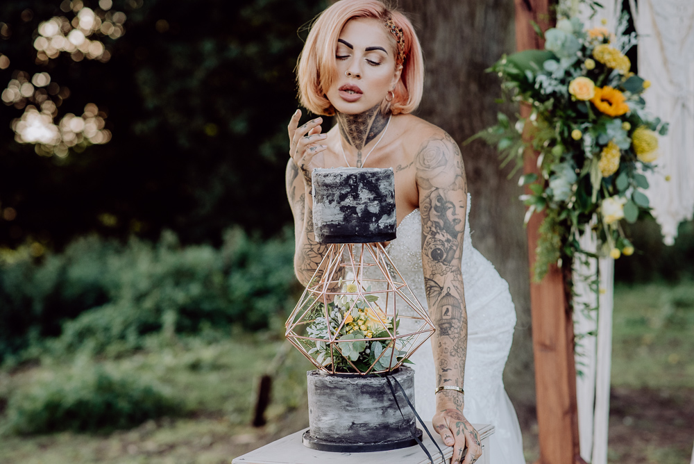 Lemon Yellow Wedding With Tattooed Bride and Black Wedding Cake