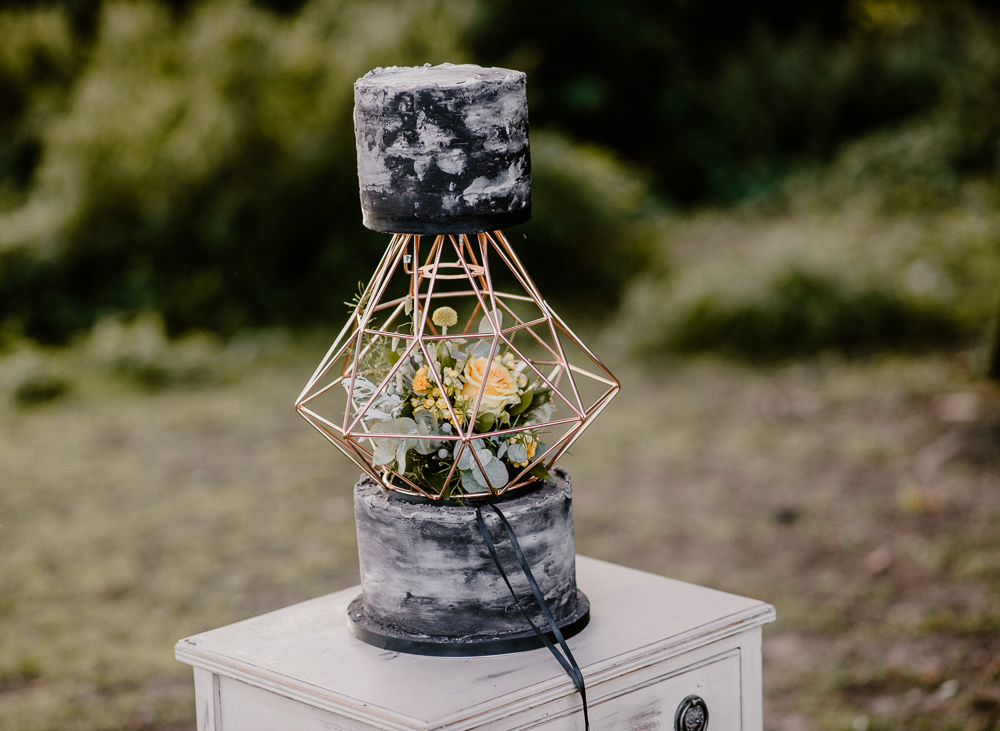 Lemon Yellow Wedding With Tattooed Bride and Black Wedding Cake