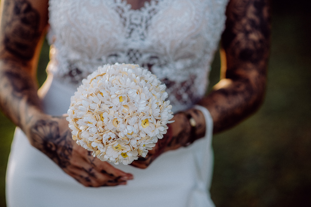 Lemon Yellow Wedding With Tattooed Bride and Black Wedding Cake