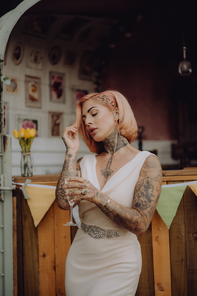 Lemon Yellow Wedding With Tattooed Bride and Black Wedding Cake