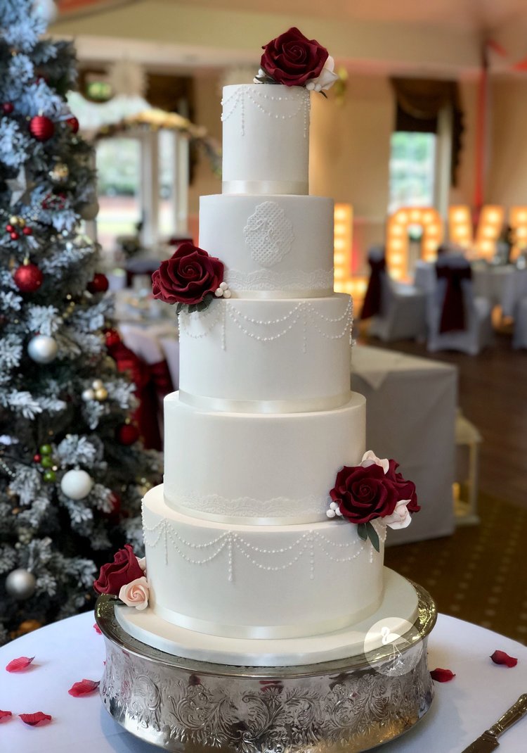 White and Red Festive Wedding Cake