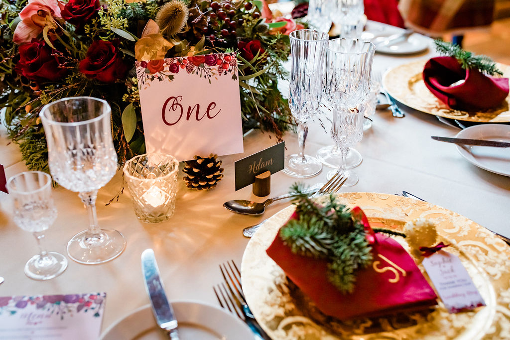 A Red and Gold Christmas Wedding With The Perfect Dinner Table At The Hundred House, Shropshire