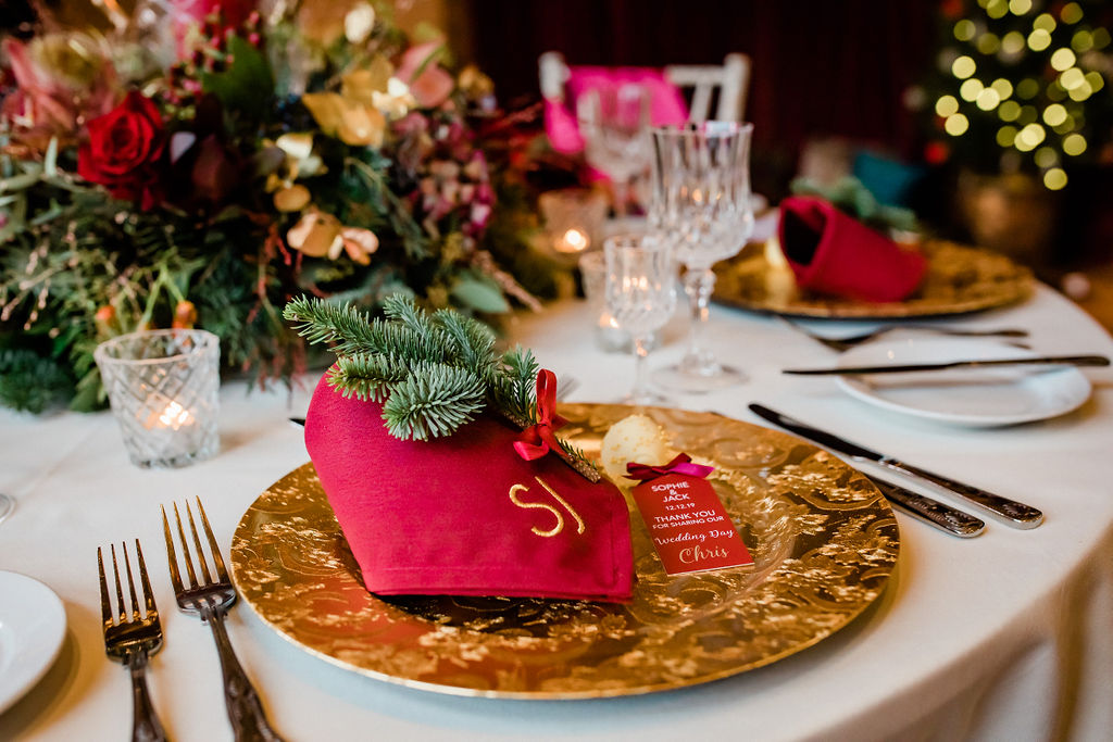 A Red and Gold Christmas Wedding With The Perfect Dinner Table At The Hundred House, Shropshire