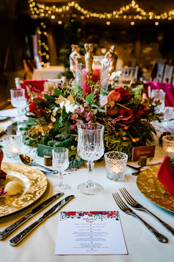 A Red and Gold Christmas Wedding With The Perfect Dinner Table At The Hundred House, Shropshire