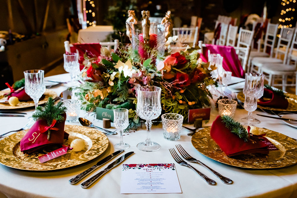 A Red and Gold Christmas Wedding With The Perfect Dinner Table At The Hundred House, Shropshire