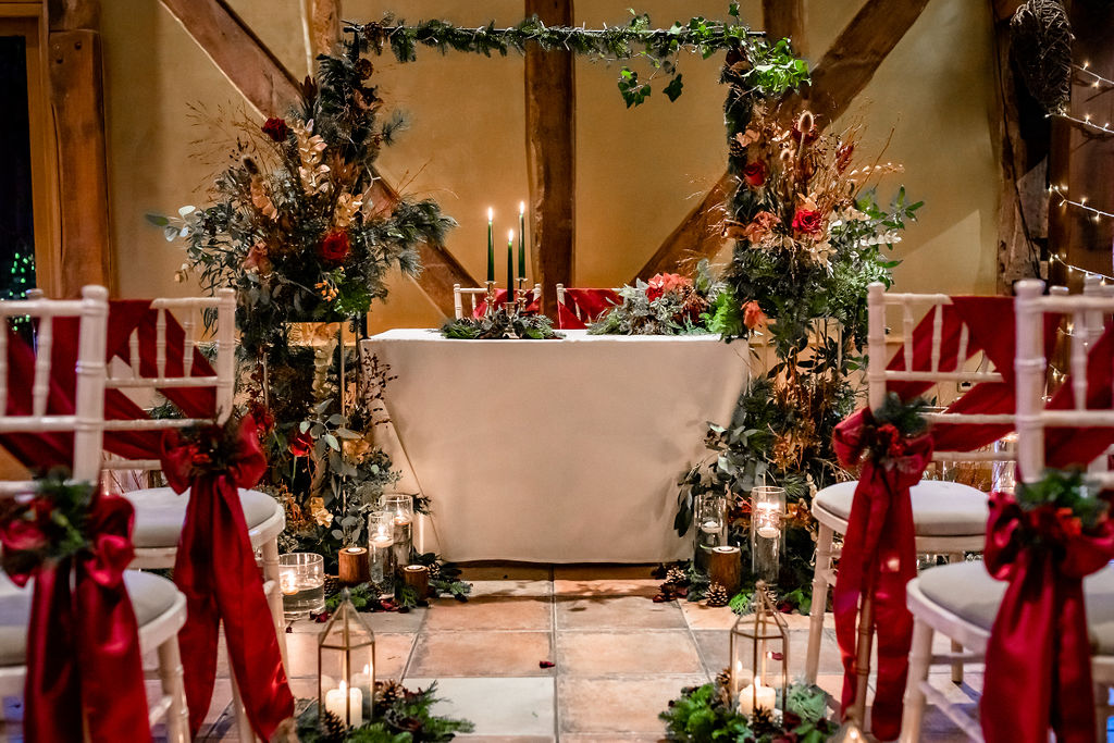 A Red and Gold Christmas Wedding With The Perfect Dinner Table At The Hundred House, Shropshire