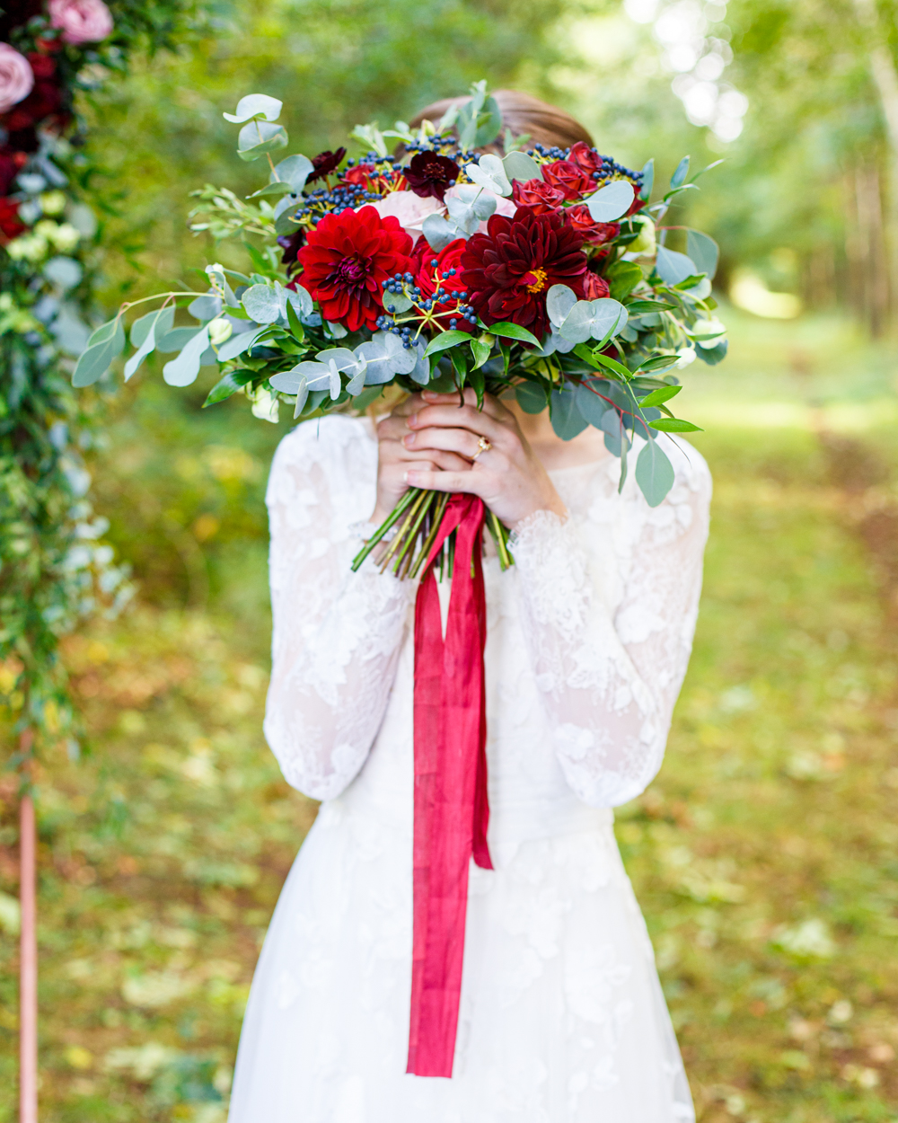 Woodland Wedding in The Cotswolds with Winter Red Styling and a Dog