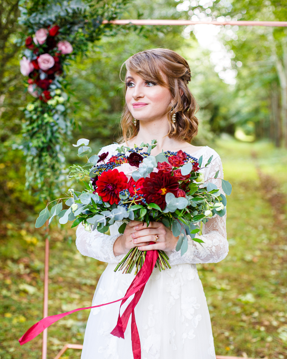 Woodland Wedding in The Cotswolds with Winter Red Styling and a Dog