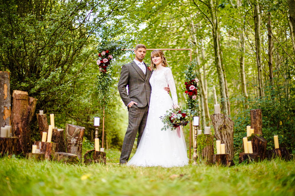 Woodland Wedding in The Cotswolds with Winter Red Styling and a Dog