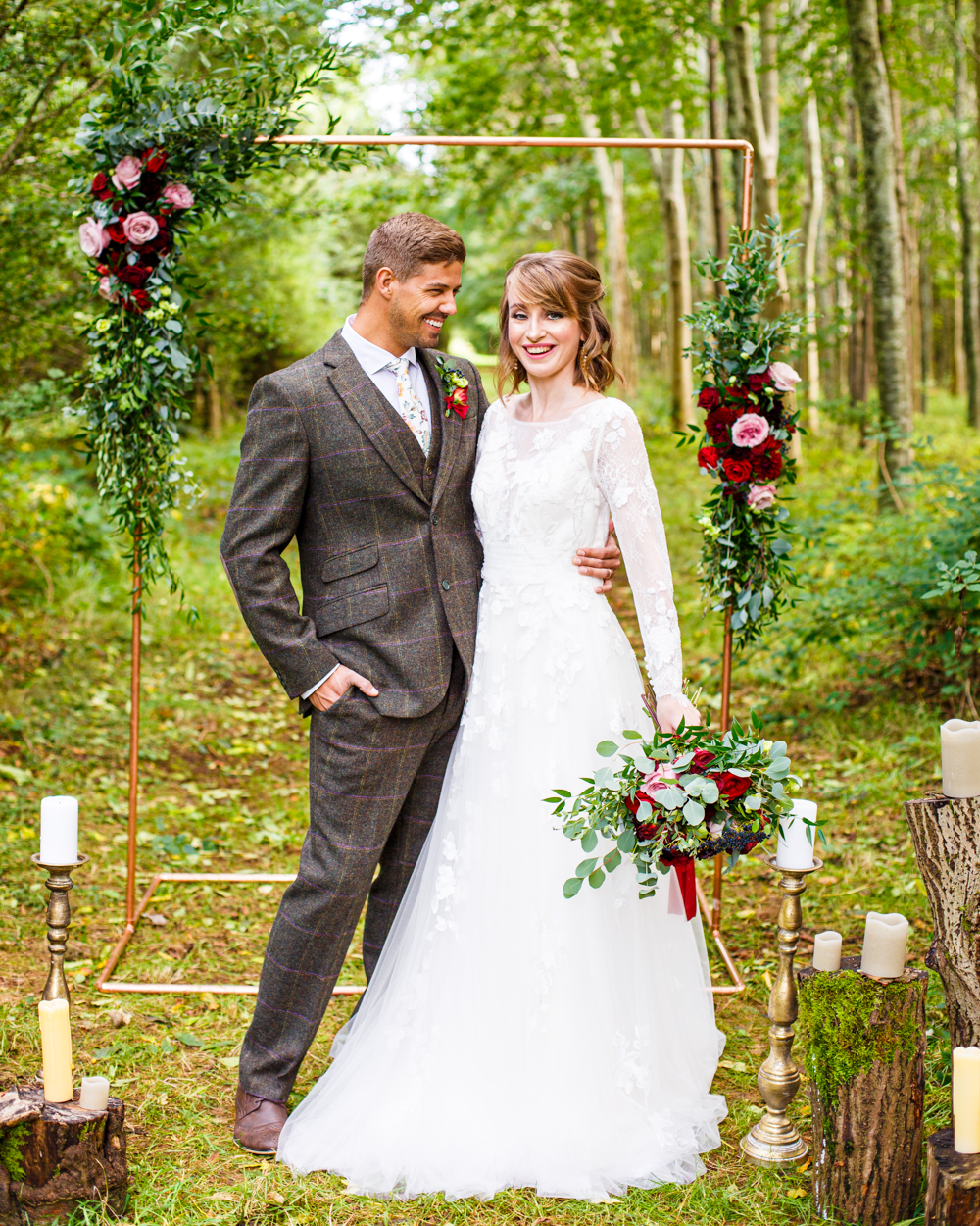 Woodland Wedding in The Cotswolds with Winter Red Styling and a Dog