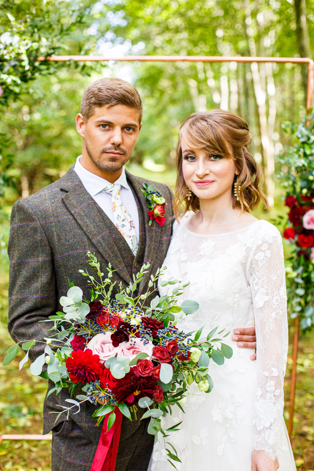 Woodland Wedding in The Cotswolds with Winter Red Styling and a Dog