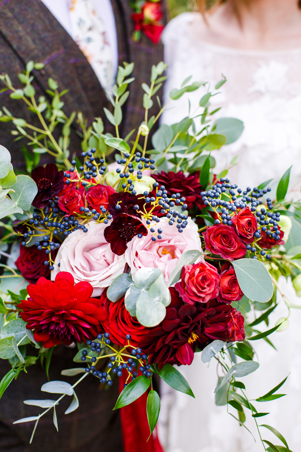 Woodland Wedding in The Cotswolds with Winter Red Styling and a Dog