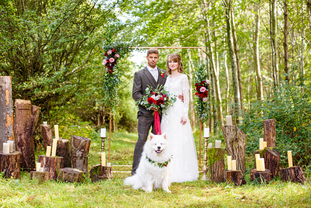 Woodland Wedding in The Cotswolds with Winter Red Styling and a Dog