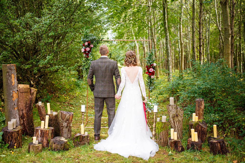 Woodland Wedding in The Cotswolds with Winter Red Styling and a Dog